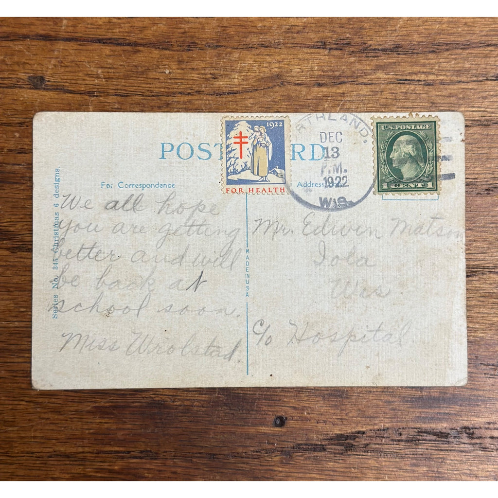 Vintage 1922 Christmas Postcard w/ Christmas Seal Tied American Red Cross