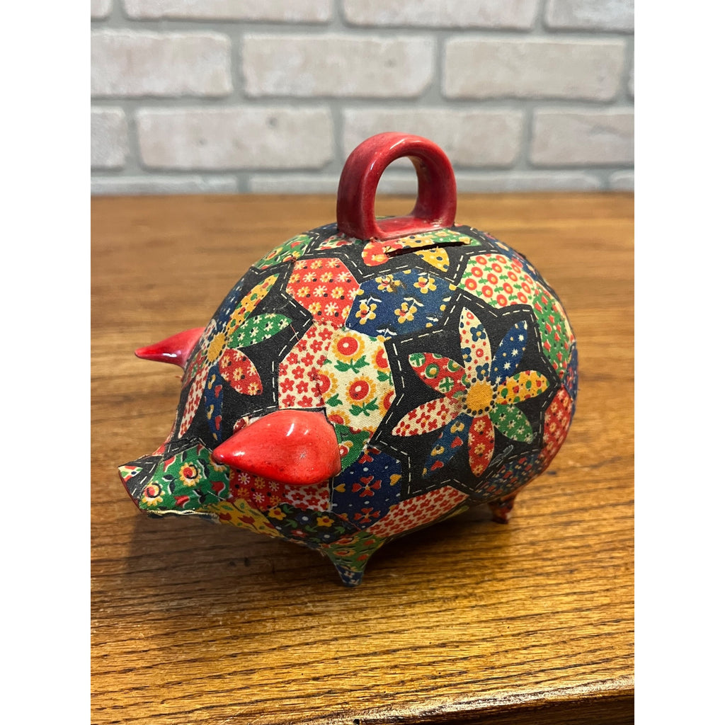 Vintage Ceramic Folk Art Piggy Bank Floral Quilted Fabric Decoupage Circa 1960-1970