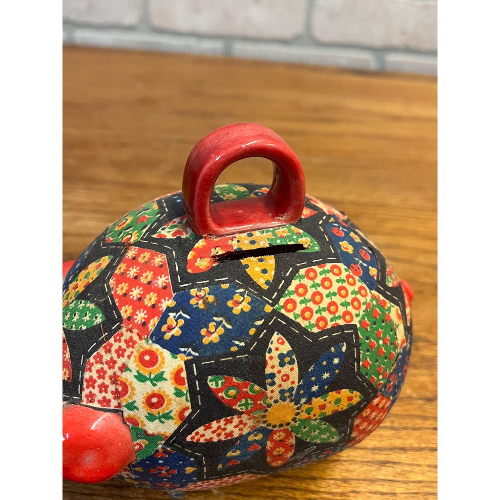 Vintage Ceramic Folk Art Piggy Bank Floral Quilted Fabric Decoupage Circa 1960-1970