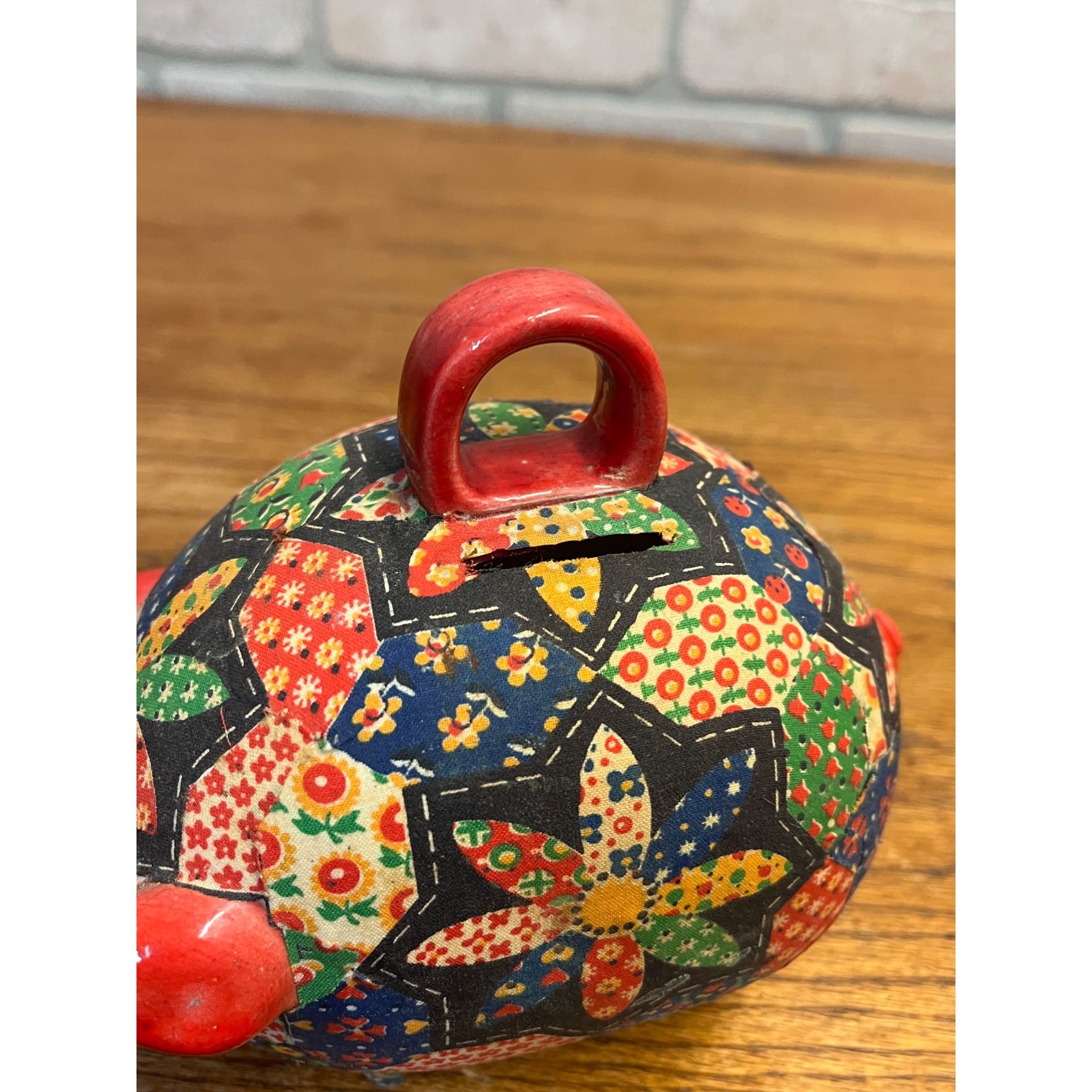 Vintage Ceramic Folk Art Piggy Bank Floral Quilted Fabric Decoupage Circa 1960-1970