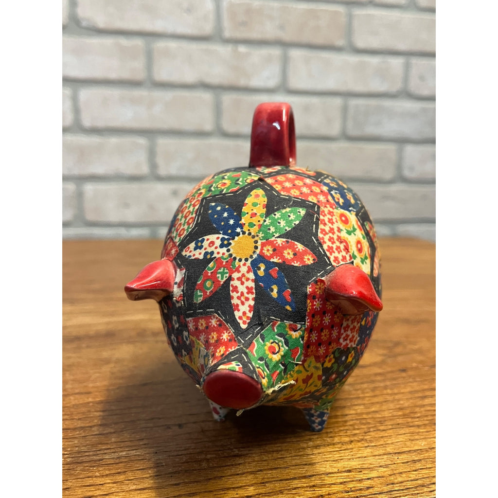 Vintage Ceramic Folk Art Piggy Bank Floral Quilted Fabric Decoupage Circa 1960-1970