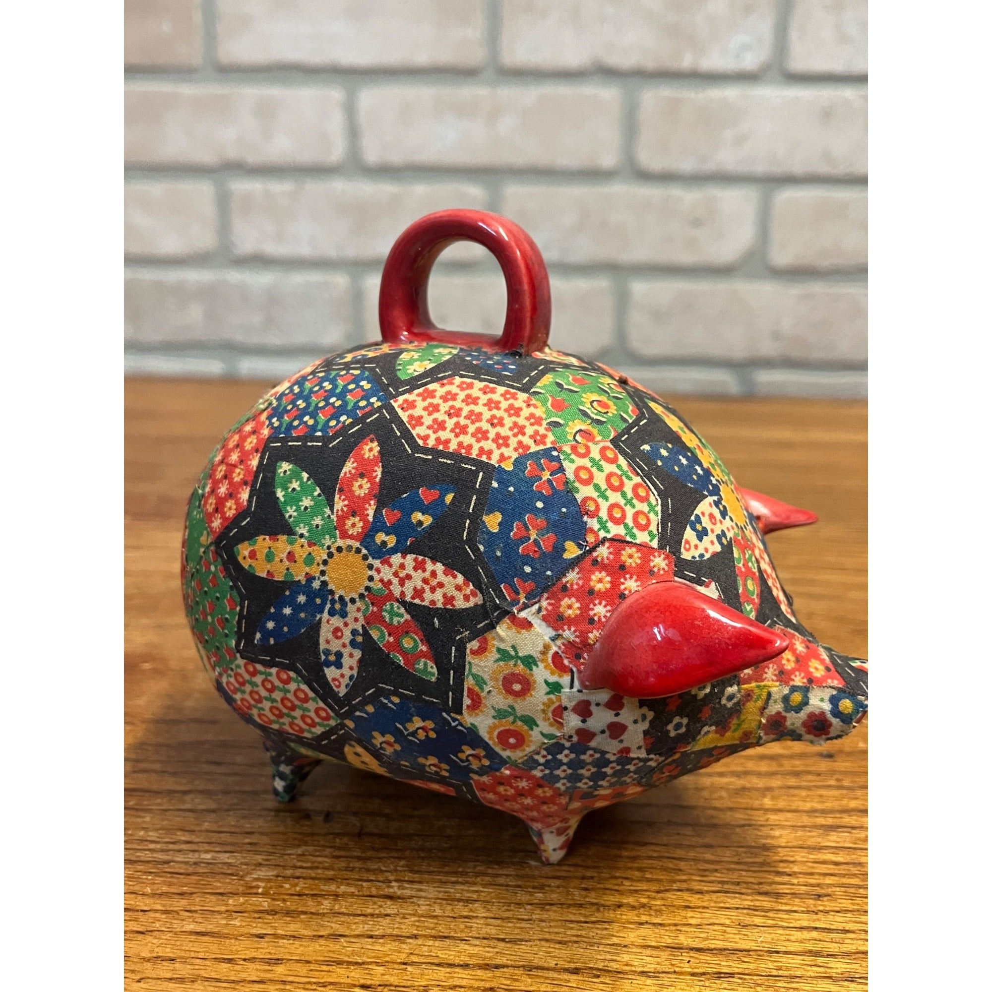 Vintage Ceramic Folk Art Piggy Bank Floral Quilted Fabric Decoupage Circa 1960-1970