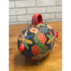 Vintage Ceramic Folk Art Piggy Bank Floral Quilted Fabric Decoupage Circa 1960-1970
