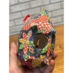 Vintage Ceramic Folk Art Piggy Bank Floral Quilted Fabric Decoupage Circa 1960-1970