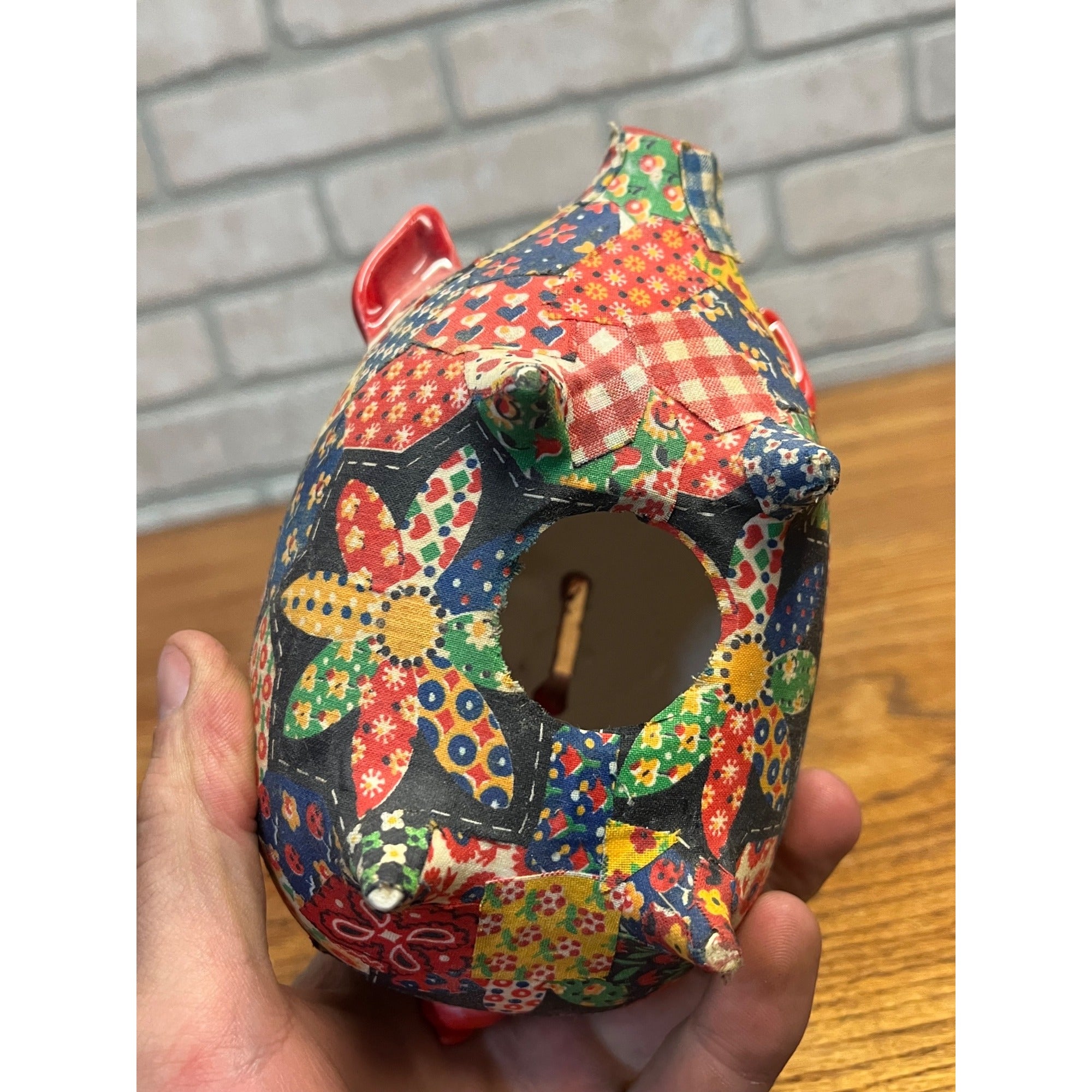 Vintage Ceramic Folk Art Piggy Bank Floral Quilted Fabric Decoupage Circa 1960-1970