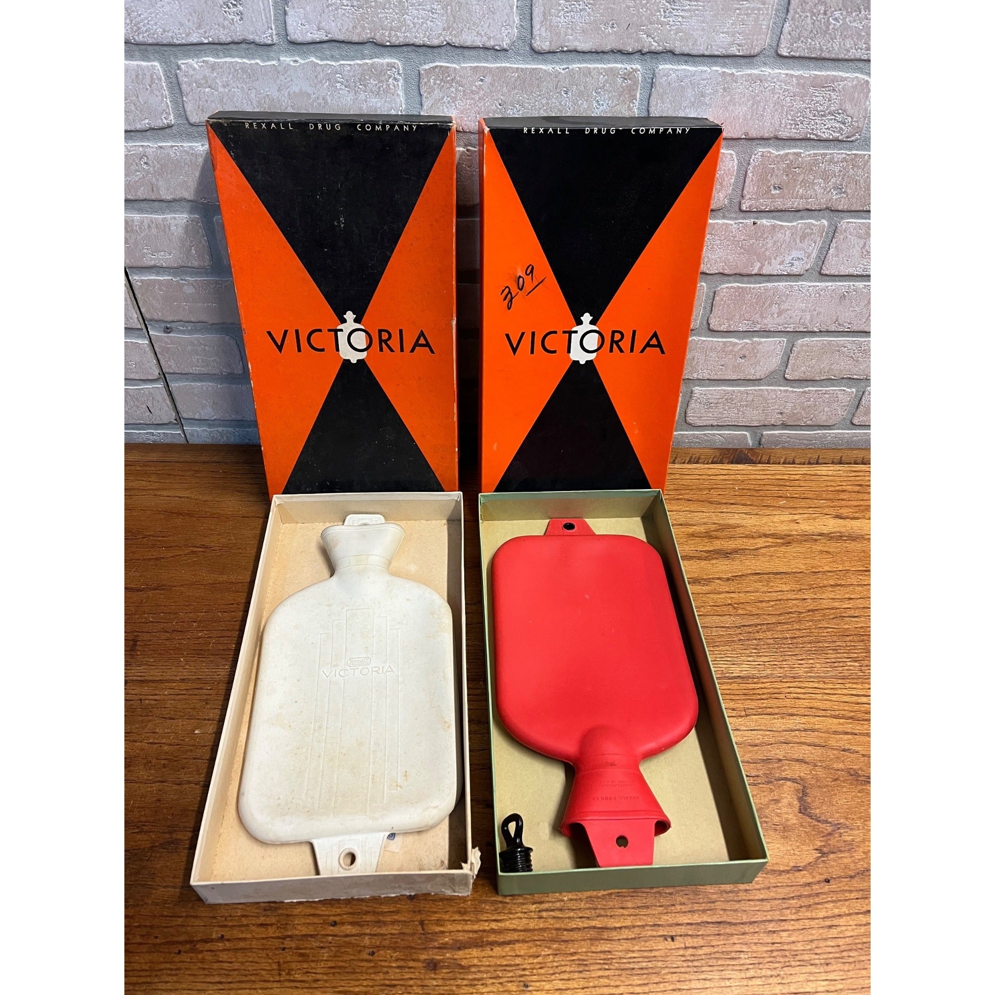 Vintage Rexall Victoria Heat Hot Water Bottle Red & White w/ Oriignla Boxes