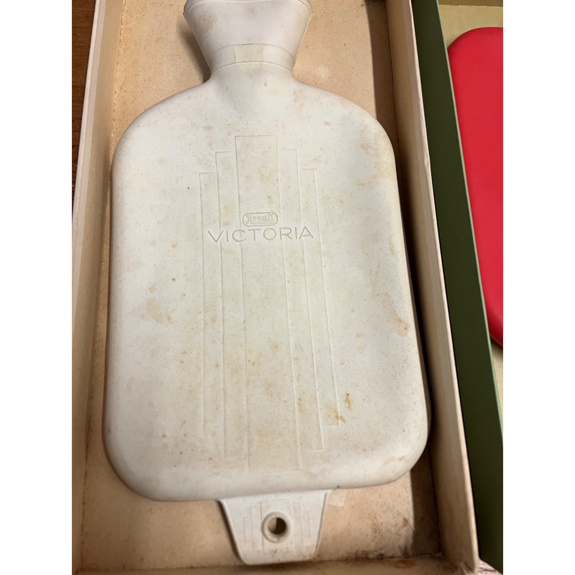 Vintage Rexall Victoria Heat Hot Water Bottle Red & White w/ Oriignla Boxes
