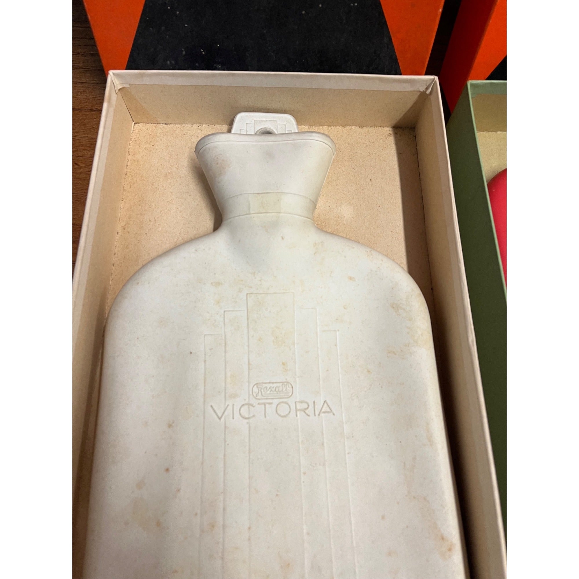 Vintage Rexall Victoria Heat Hot Water Bottle Red & White w/ Oriignla Boxes