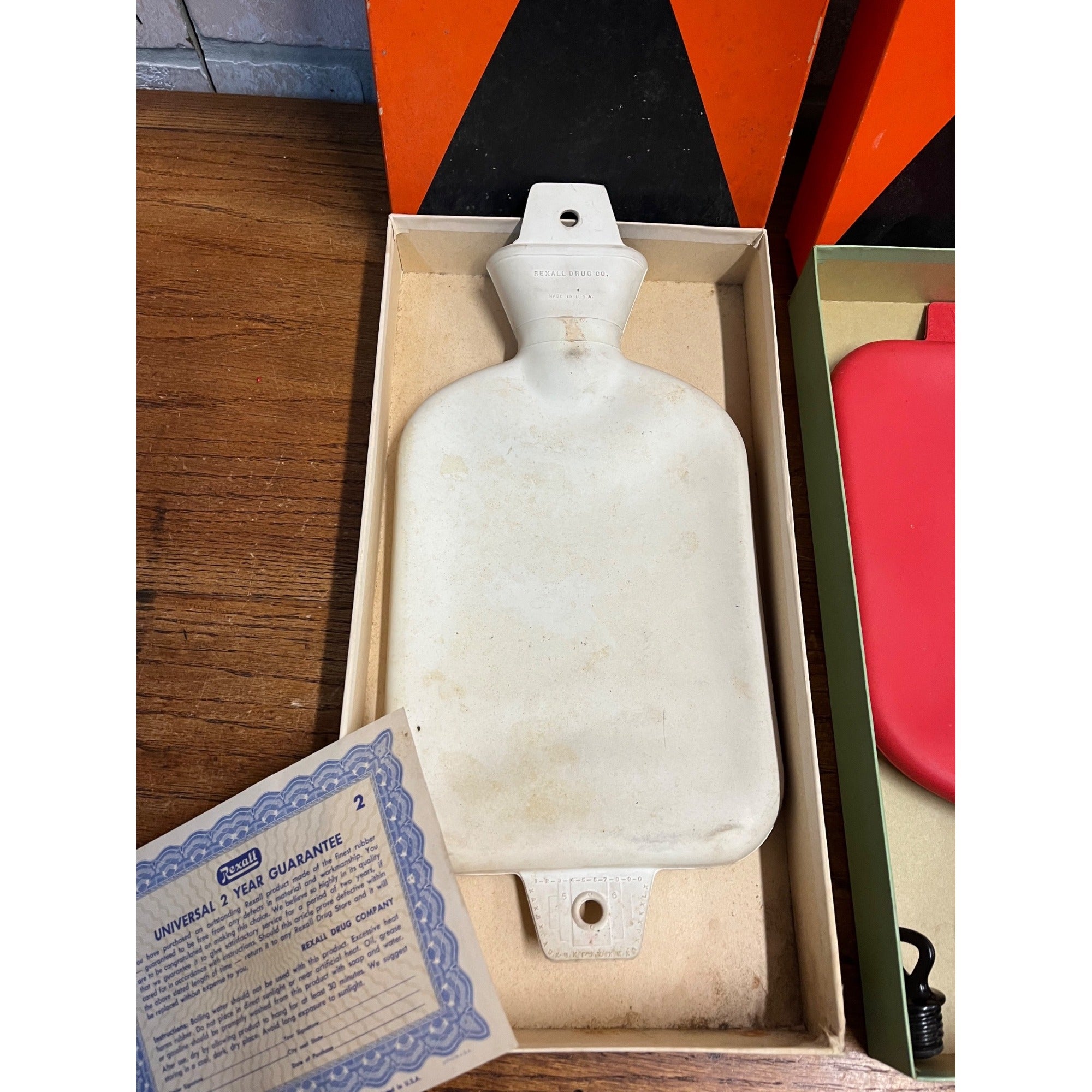 Vintage Rexall Victoria Heat Hot Water Bottle Red & White w/ Oriignla Boxes