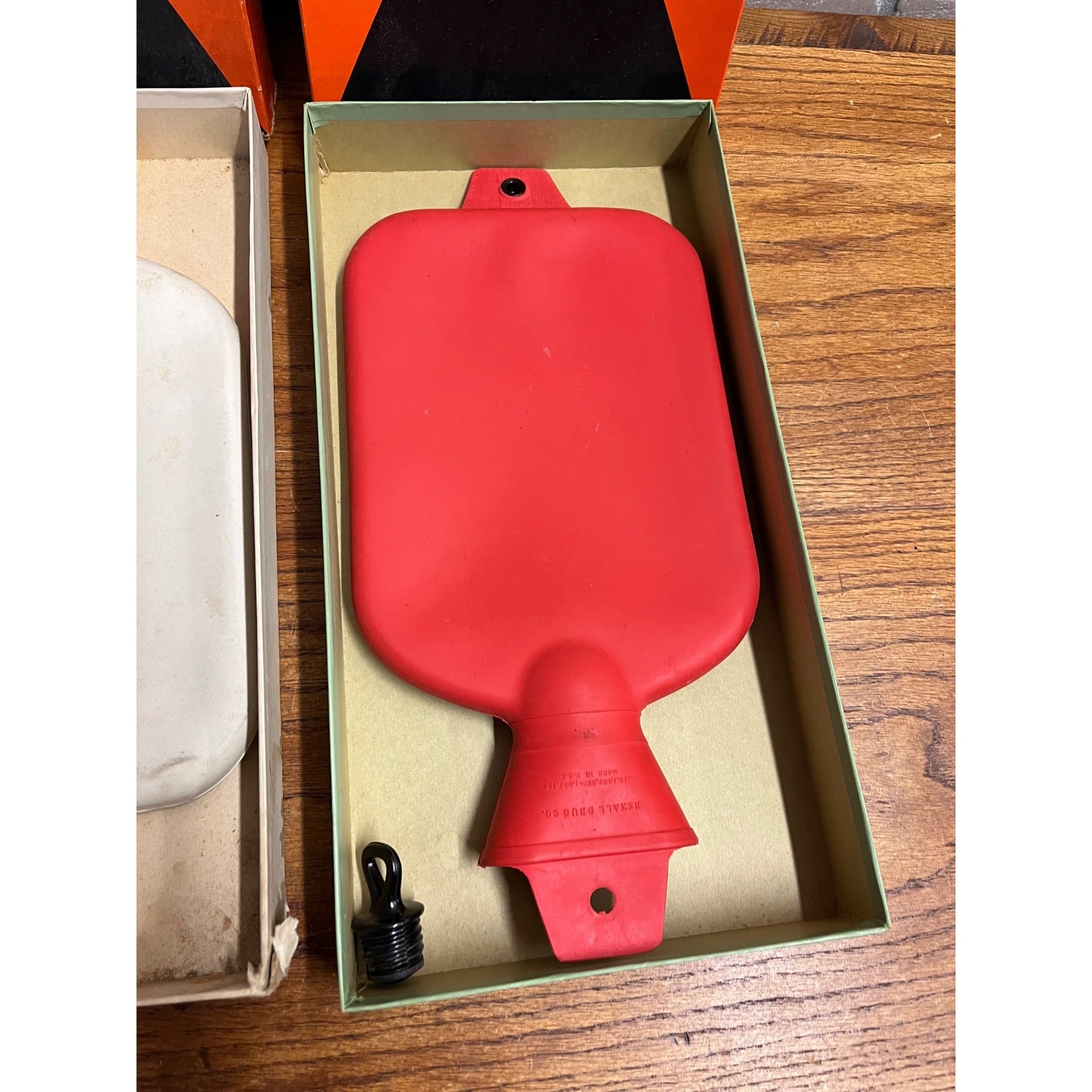 Vintage Rexall Victoria Heat Hot Water Bottle Red & White w/ Oriignla Boxes