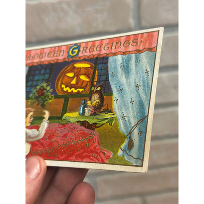 Winsch Embossed Halloween Postcard Owl Jack O Lantern Frightened Kids 116 Series