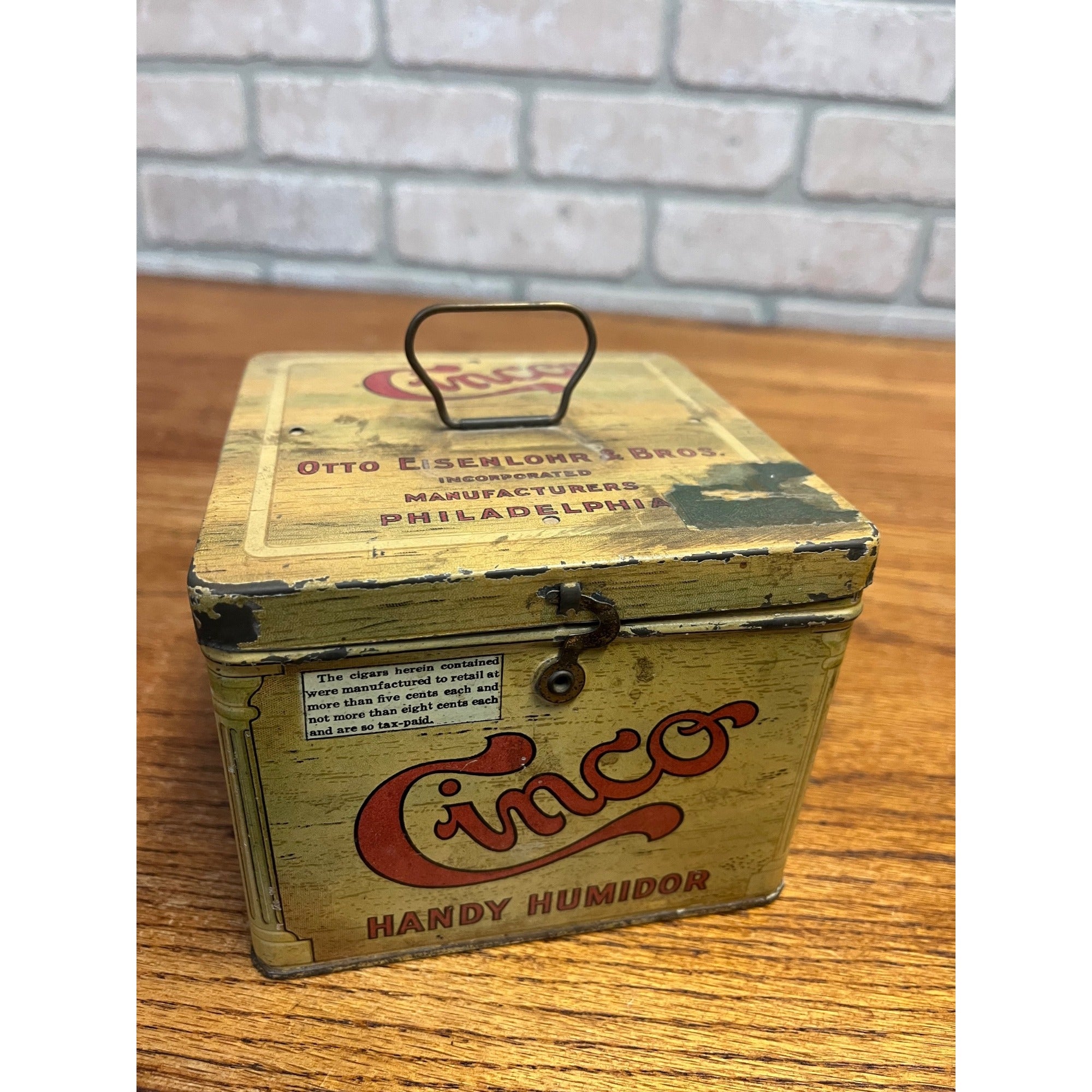 Vintage Cinco Handy Humidor Hinged Tobacco Cigar Tin by Otto Eisenlohr & Bros