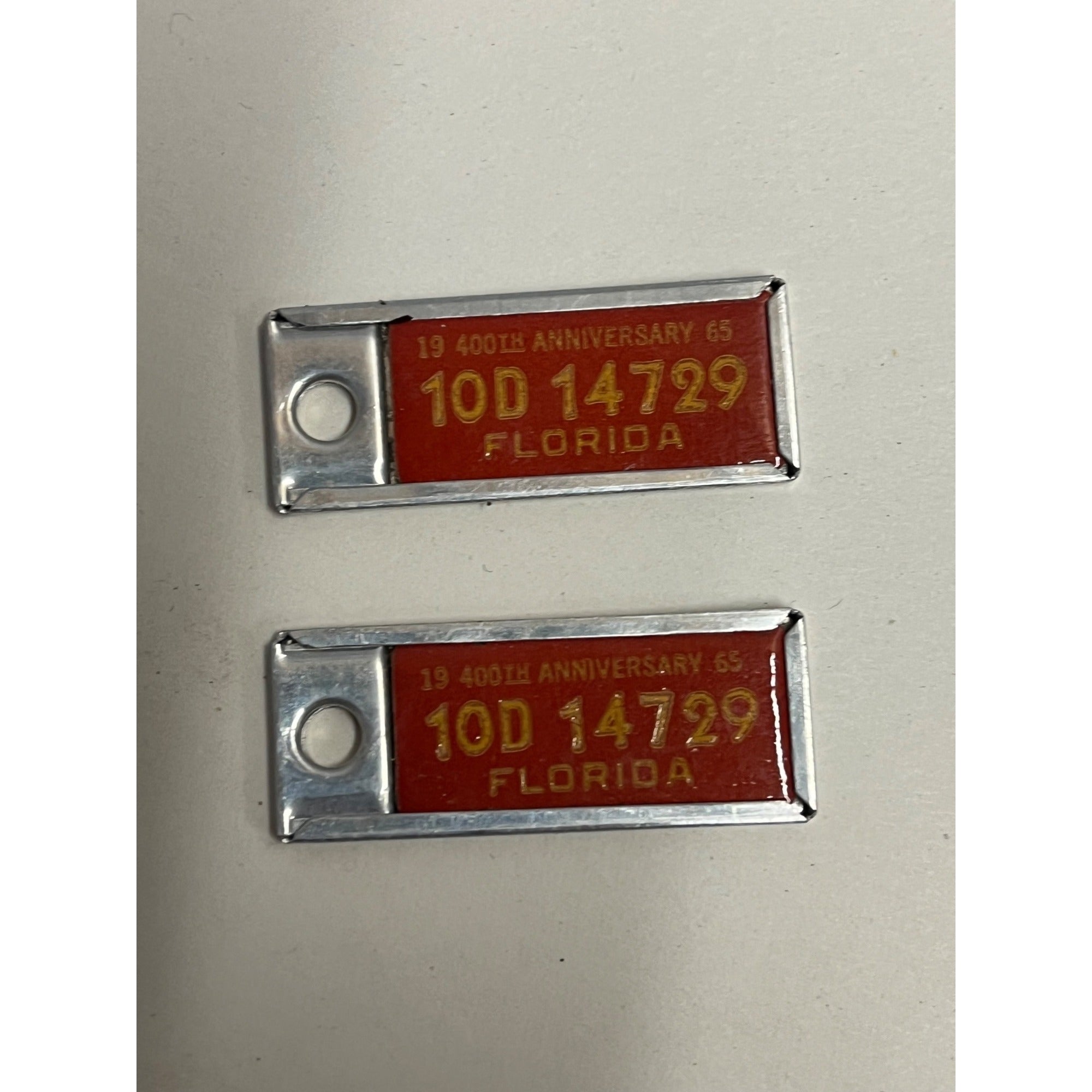 Vintage Pair 1965 Florida License Plate Tag Keychain DAV Mini Disabled Vets 400th
