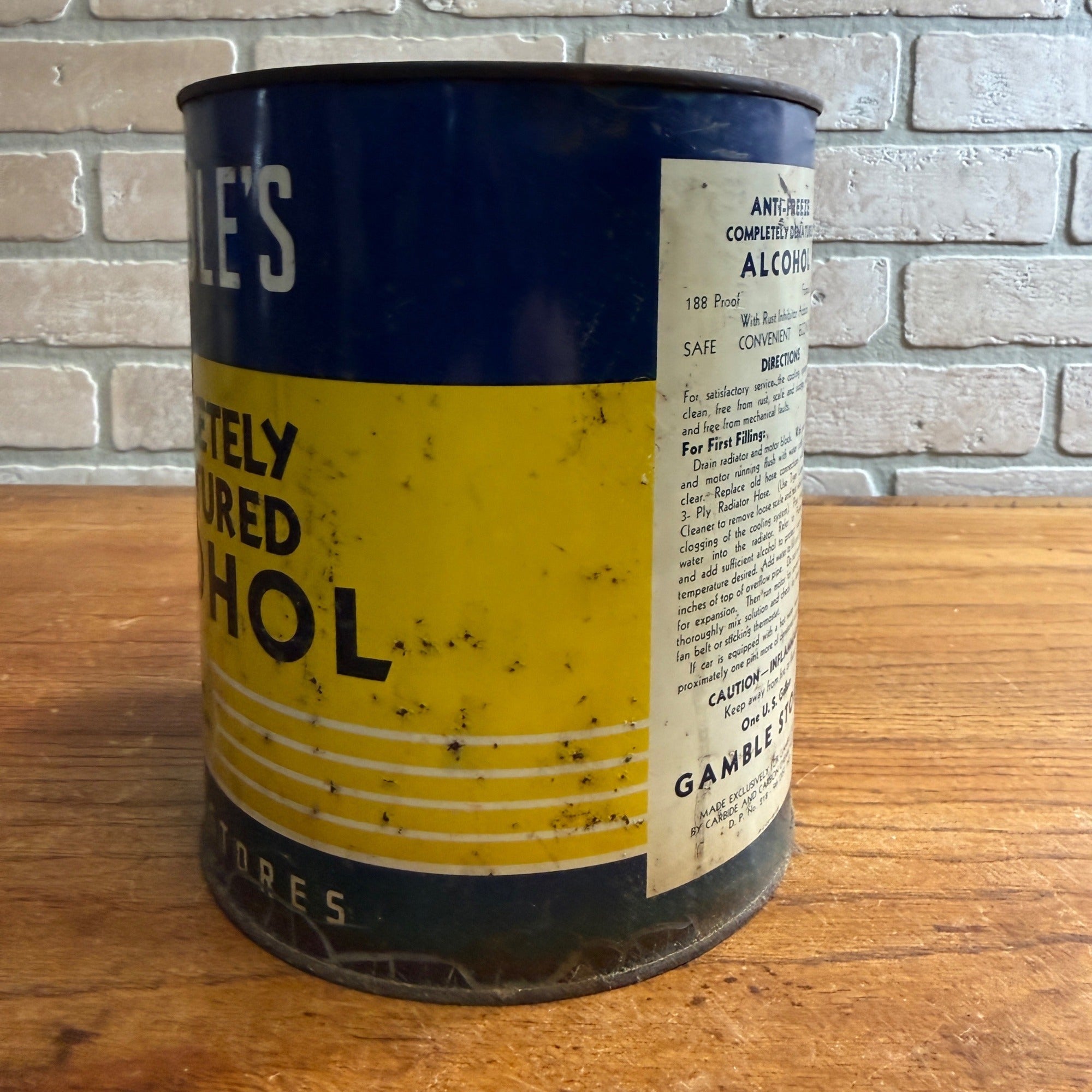 Vintage 1940s Gambles Denatured Alcohol Gallon Advertising Tin Empty Can