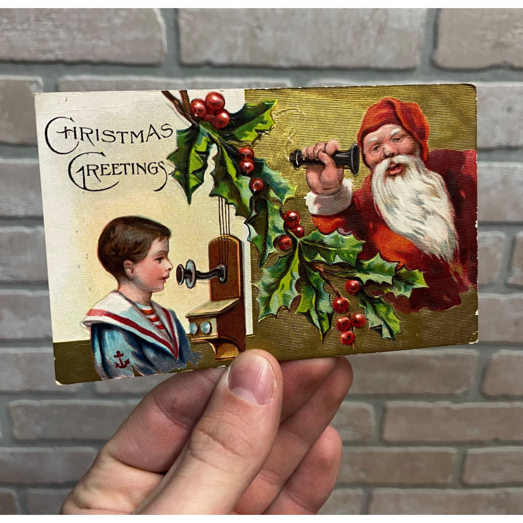 Xmas - Santa Claus Series Postcard "Christmas Greetings" Antique Telephone