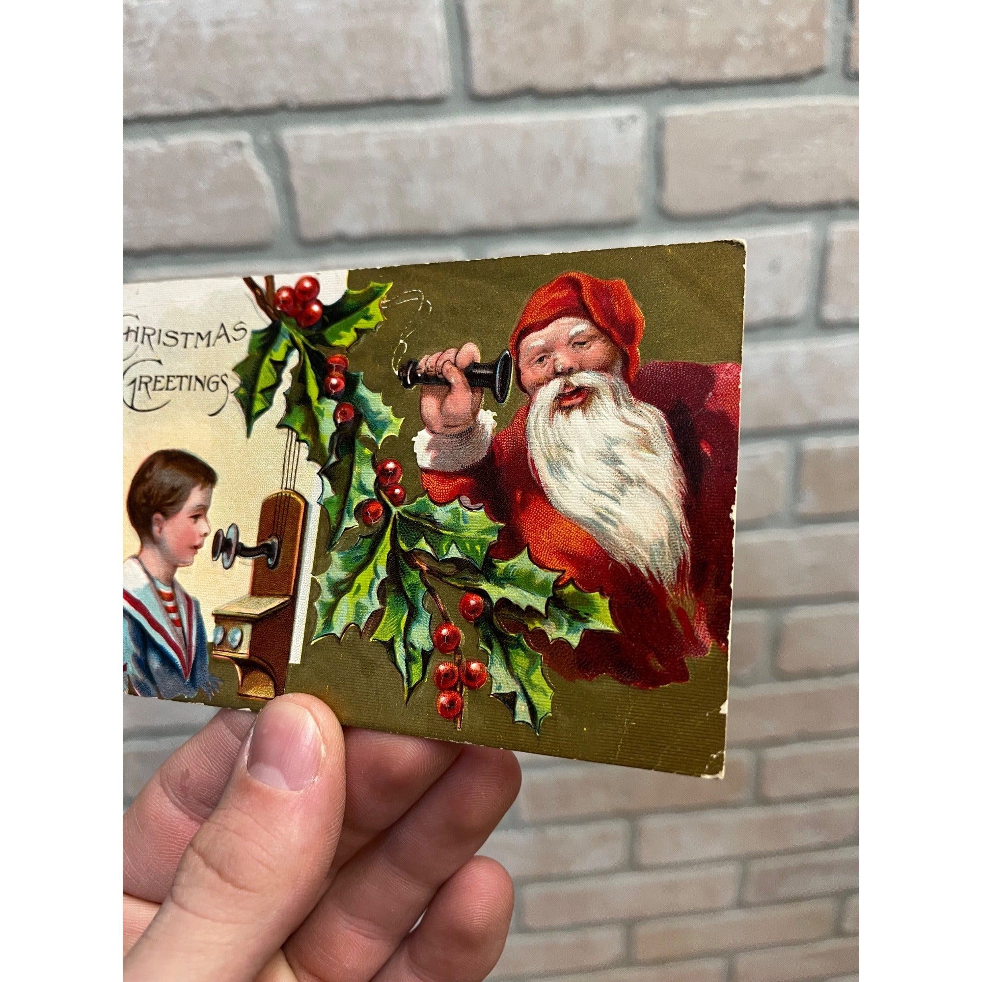 Xmas - Santa Claus Series Postcard "Christmas Greetings" Antique Telephone