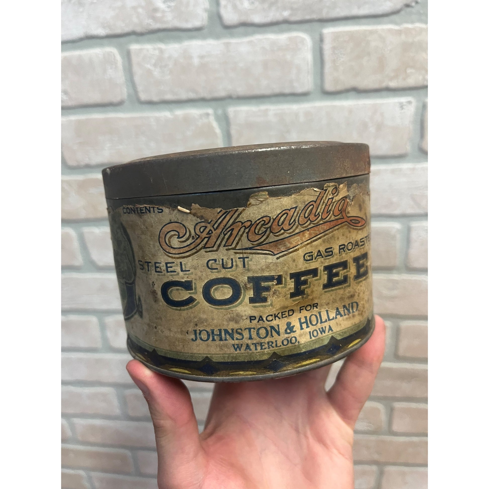 RARE Vintage 1920s Arcadia Coffee Tin Can Waterloow IA Iowa Johnston & Holland