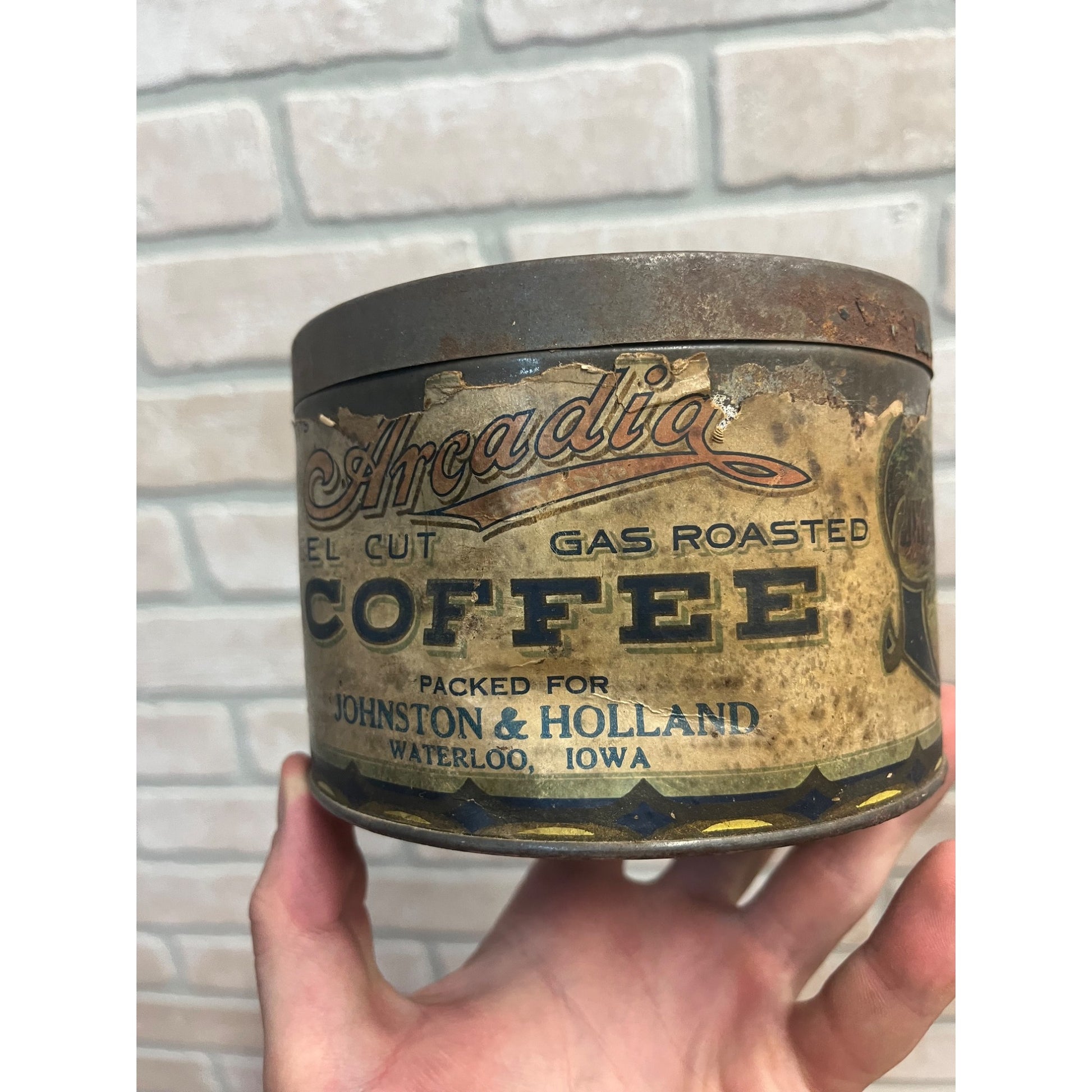 RARE Vintage 1920s Arcadia Coffee Tin Can Waterloow IA Iowa Johnston & Holland