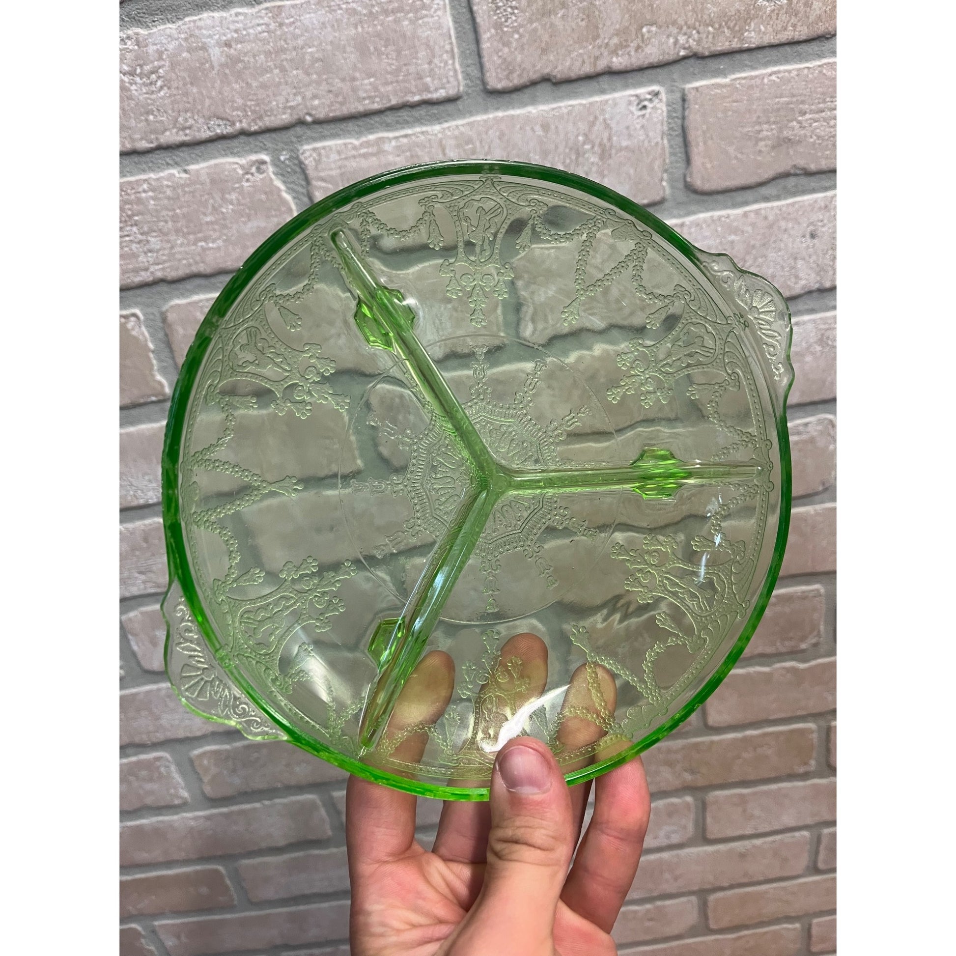 Vintage Uranium Anchor Hocking Cameo Ballerina Glass Divided Relish Dish 7.5”W