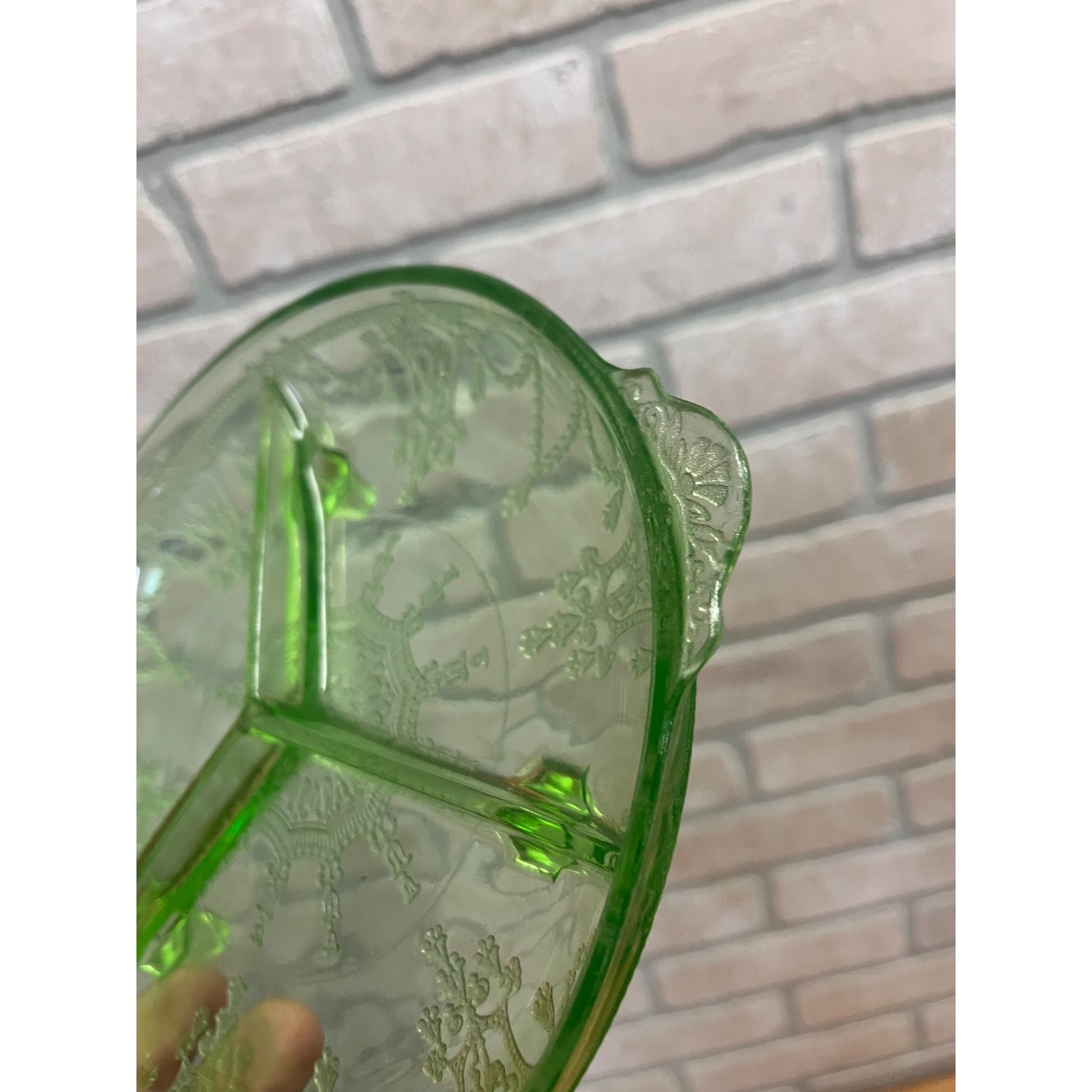 Vintage Uranium Anchor Hocking Cameo Ballerina Glass Divided Relish Dish 7.5”W