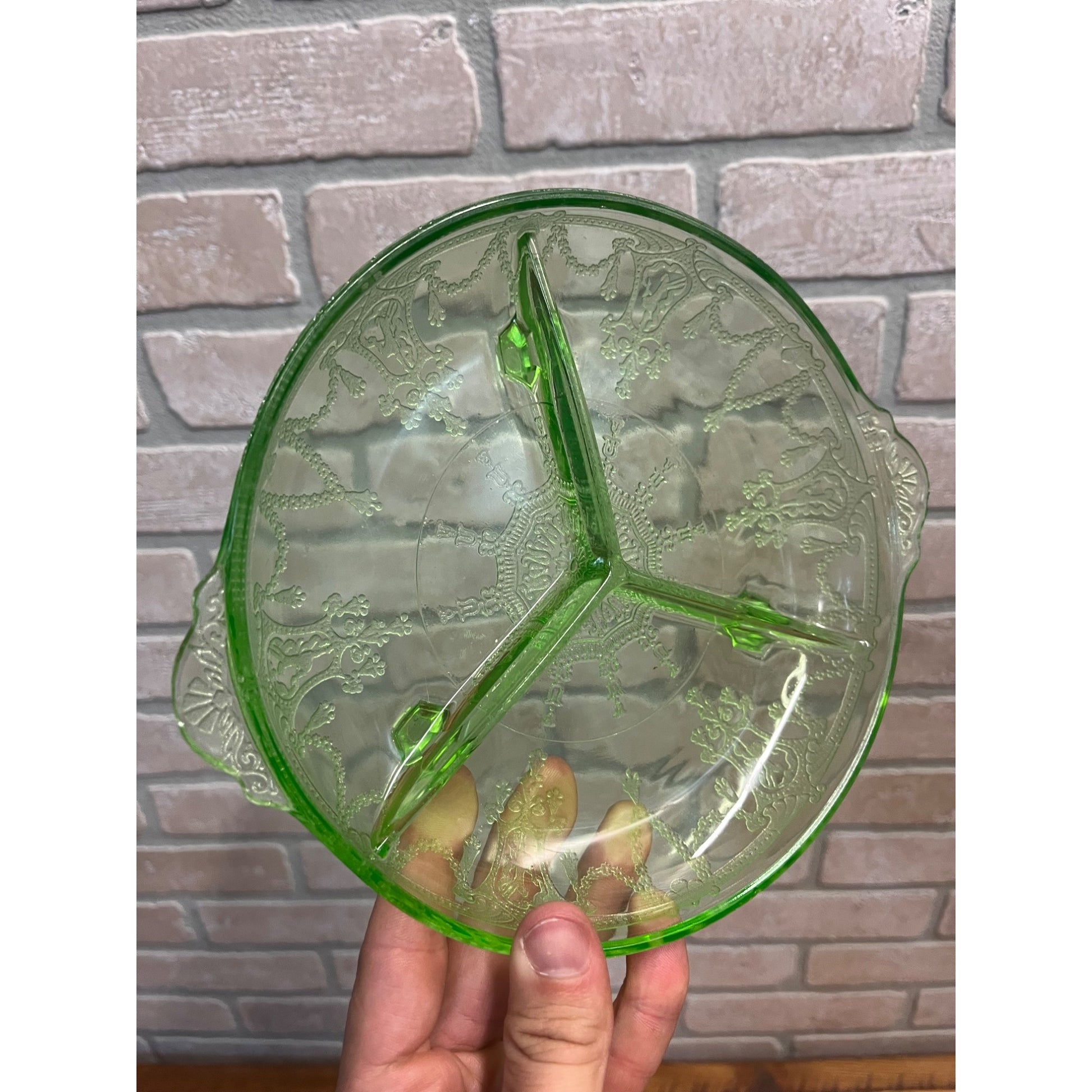 Vintage Uranium Anchor Hocking Cameo Ballerina Glass Divided Relish Dish 7.5”W