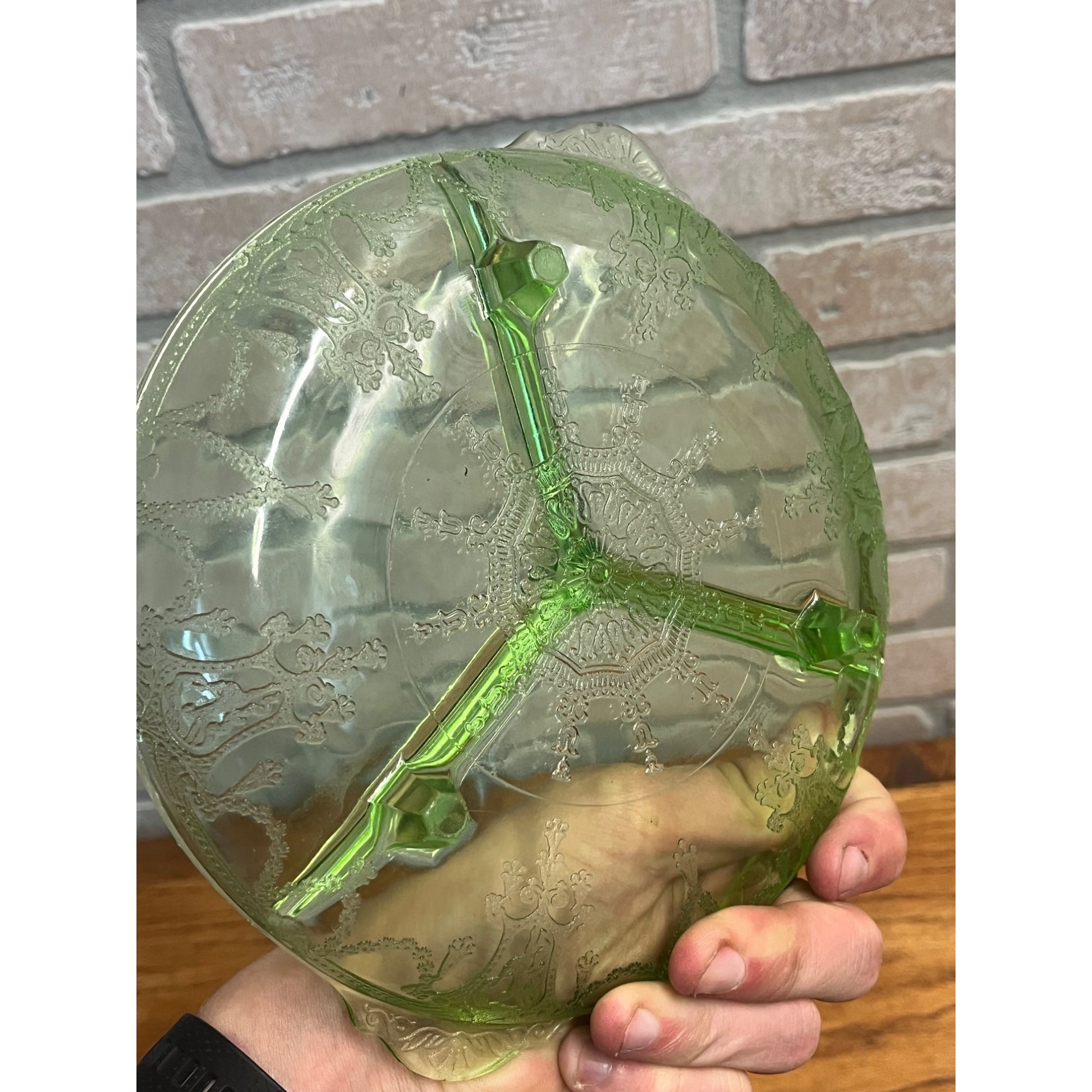 Vintage Uranium Anchor Hocking Cameo Ballerina Glass Divided Relish Dish 7.5”W