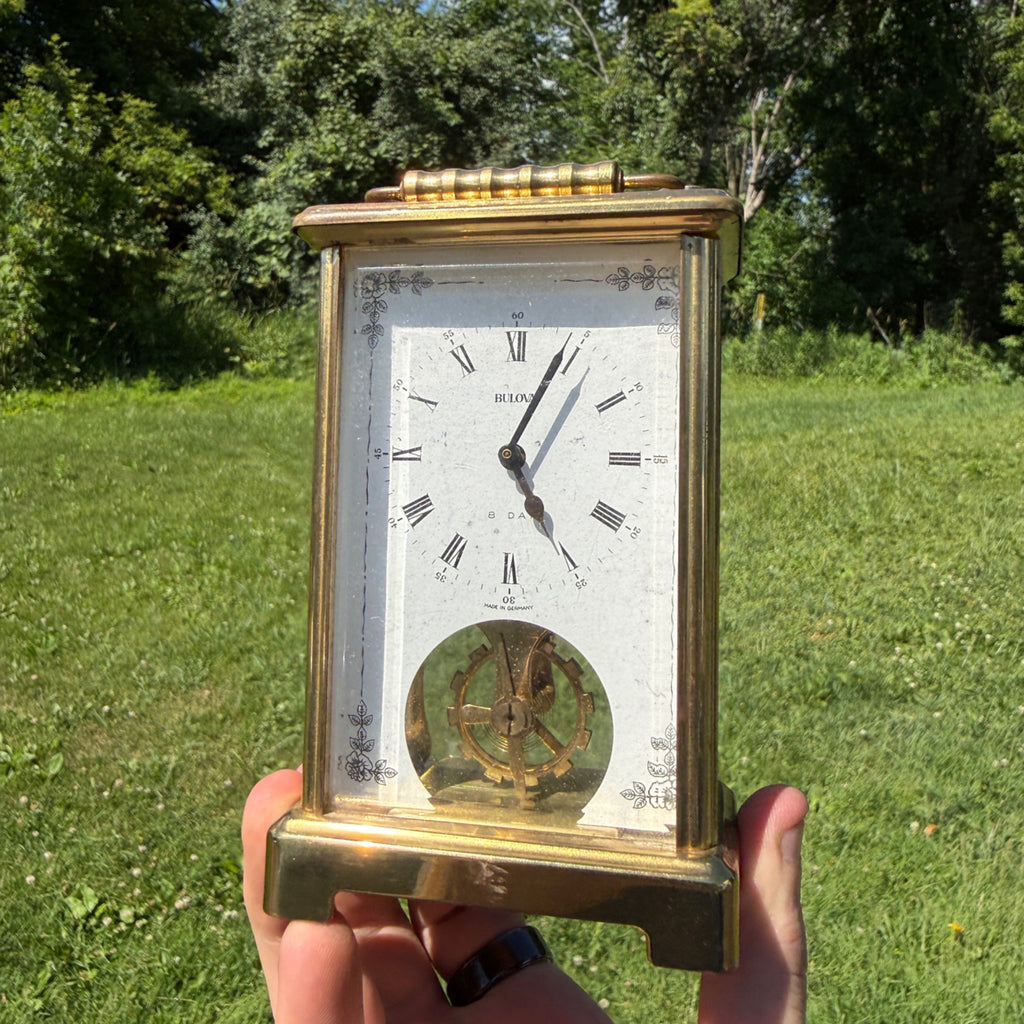 Bulova Vintage Brass Carriage Mantel Clock With Roman Numerals & Glass Panels 1980s