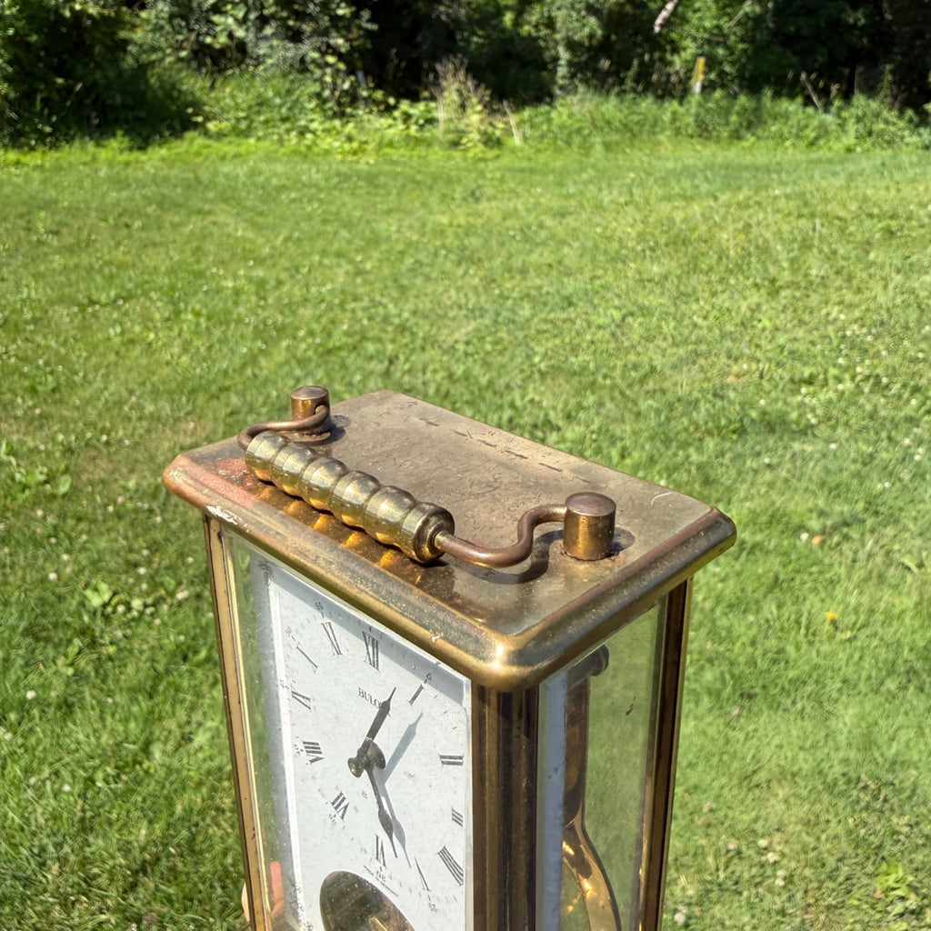 Bulova Vintage Brass Carriage Mantel Clock With Roman Numerals & Glass Panels 1980s