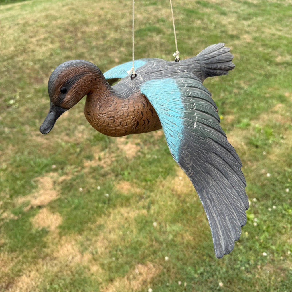 Casey Edwards Blue Wing Teal Hen in Flight Wood Carving Decoy Manitowoc