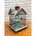 Vintage Victorian Style Metal Birdcage With Gabled Roof & Faux Birds Weathered Paint Patina