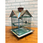 Vintage Victorian Style Metal Birdcage With Gabled Roof & Faux Birds Weathered Paint Patina