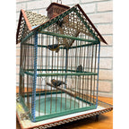 Vintage Victorian Style Metal Birdcage With Gabled Roof & Faux Birds Weathered Paint Patina