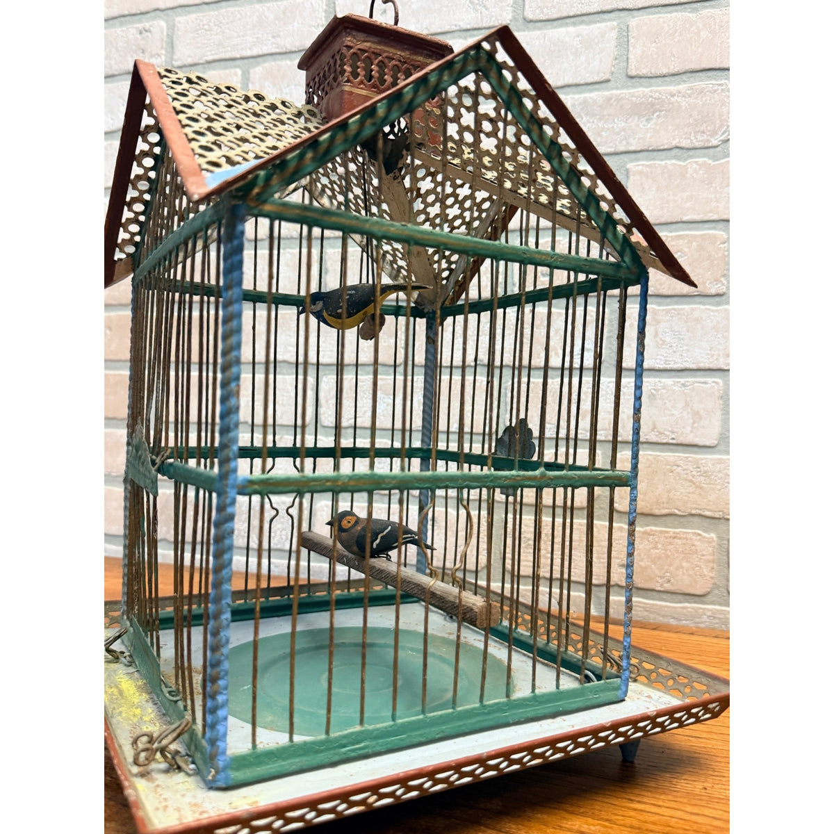 Vintage Victorian Style Metal Birdcage With Gabled Roof & Faux Birds Weathered Paint Patina
