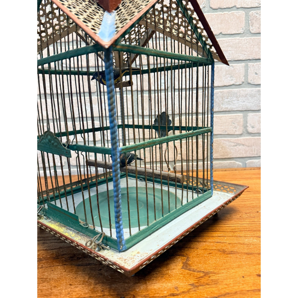 Vintage Victorian Style Metal Birdcage With Gabled Roof & Faux Birds Weathered Paint Patina