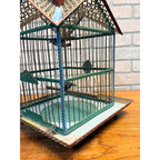 Vintage Victorian Style Metal Birdcage With Gabled Roof & Faux Birds Weathered Paint Patina