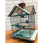 Vintage Victorian Style Metal Birdcage With Gabled Roof & Faux Birds Weathered Paint Patina