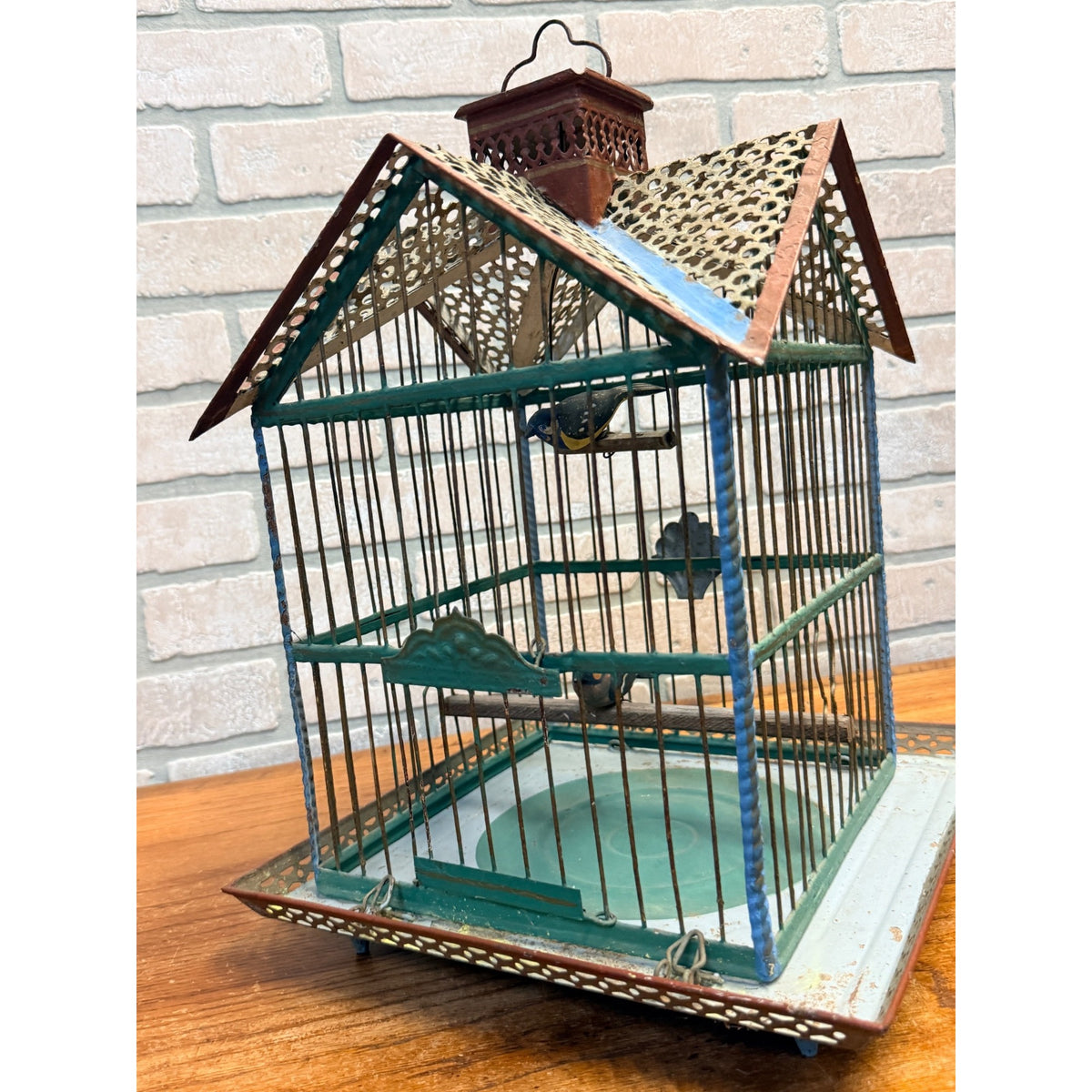 Vintage Victorian Style Metal Birdcage With Gabled Roof & Faux Birds Weathered Paint Patina