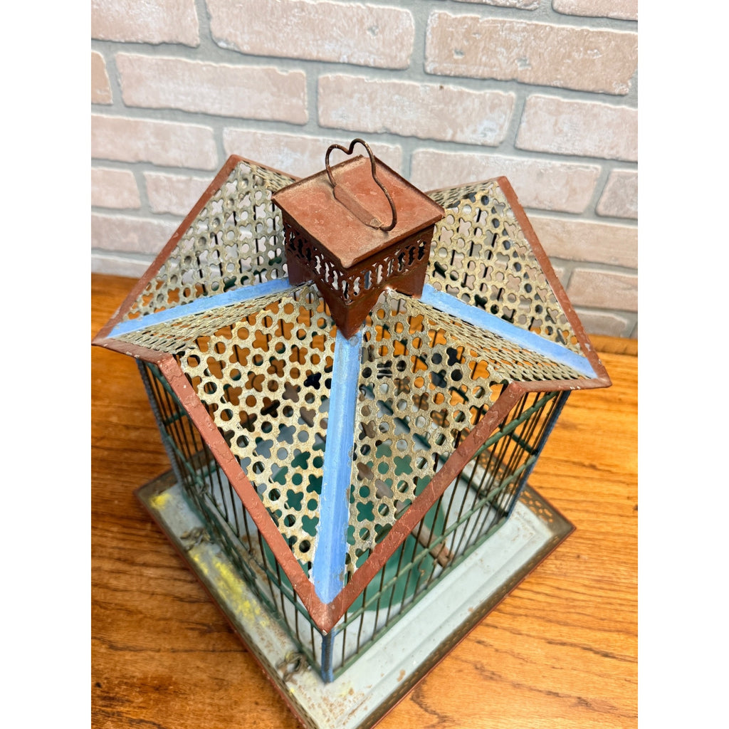 Vintage Victorian Style Metal Birdcage With Gabled Roof & Faux Birds Weathered Paint Patina