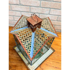Vintage Victorian Style Metal Birdcage With Gabled Roof & Faux Birds Weathered Paint Patina