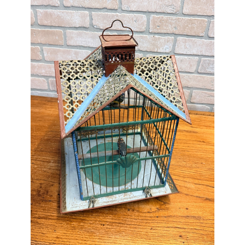Vintage Victorian Style Metal Birdcage With Gabled Roof & Faux Birds Weathered Paint Patina
