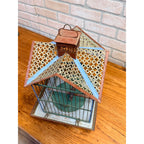 Vintage Victorian Style Metal Birdcage With Gabled Roof & Faux Birds Weathered Paint Patina