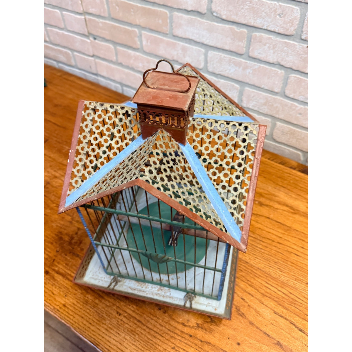 Vintage Victorian Style Metal Birdcage With Gabled Roof & Faux Birds Weathered Paint Patina