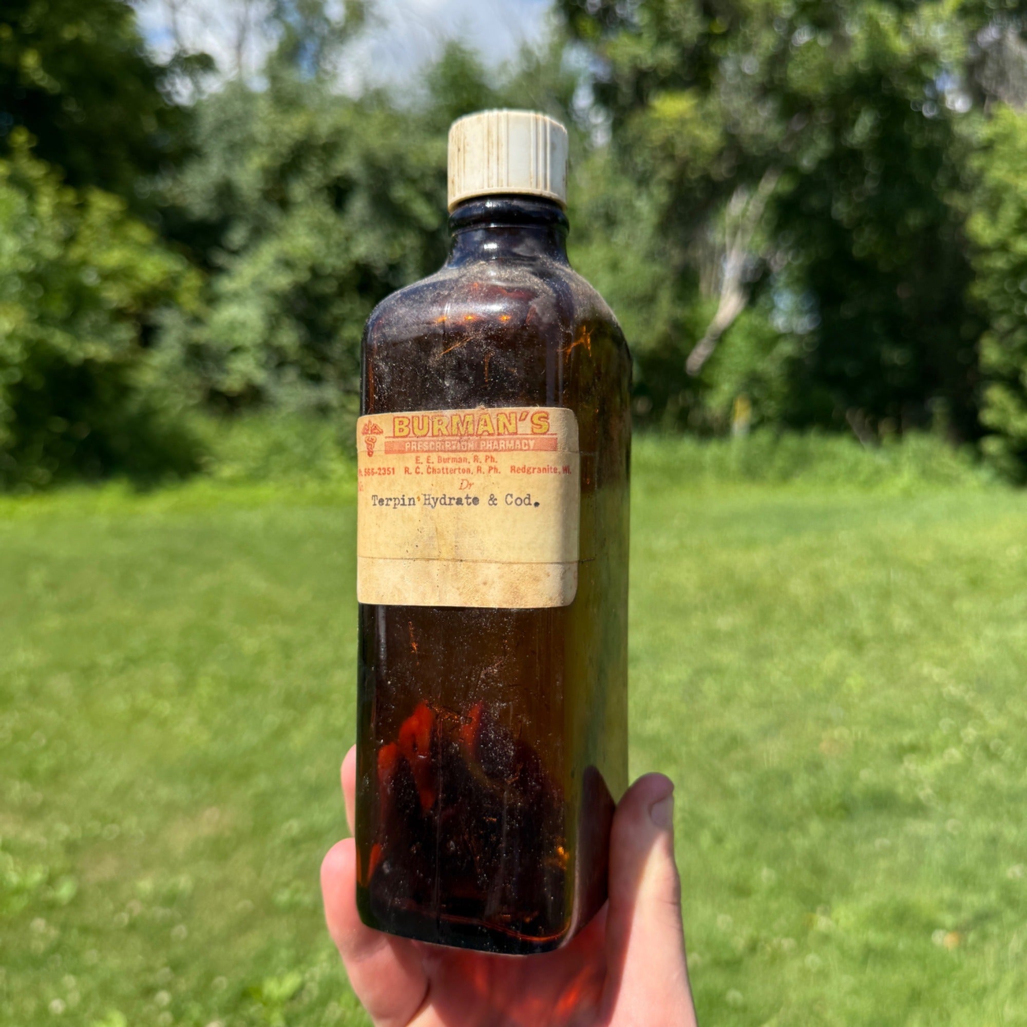 Vintage Amber Burman’s Pharmacy Bottle Terpin Hydrate & Co. Label 1940s Decorative Glass