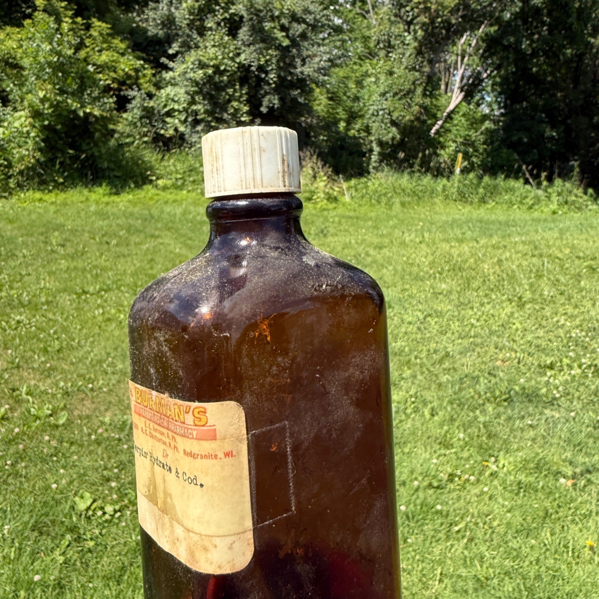 Vintage Amber Burman’s Pharmacy Bottle Terpin Hydrate & Co. Label 1940s Decorative Glass