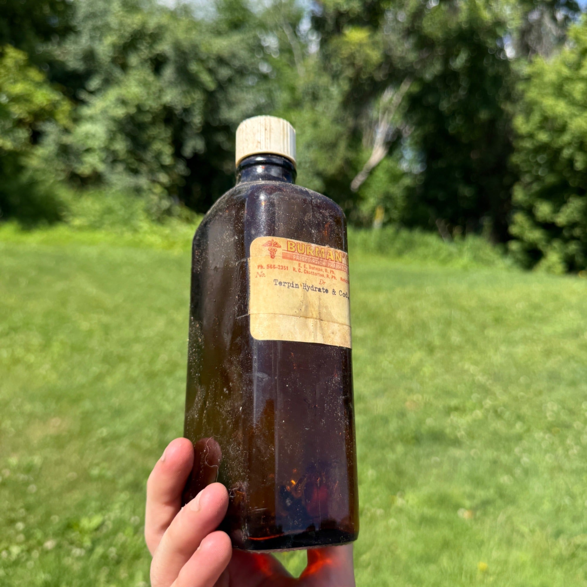 Vintage Amber Burman’s Pharmacy Bottle Terpin Hydrate & Co. Label 1940s Decorative Glass