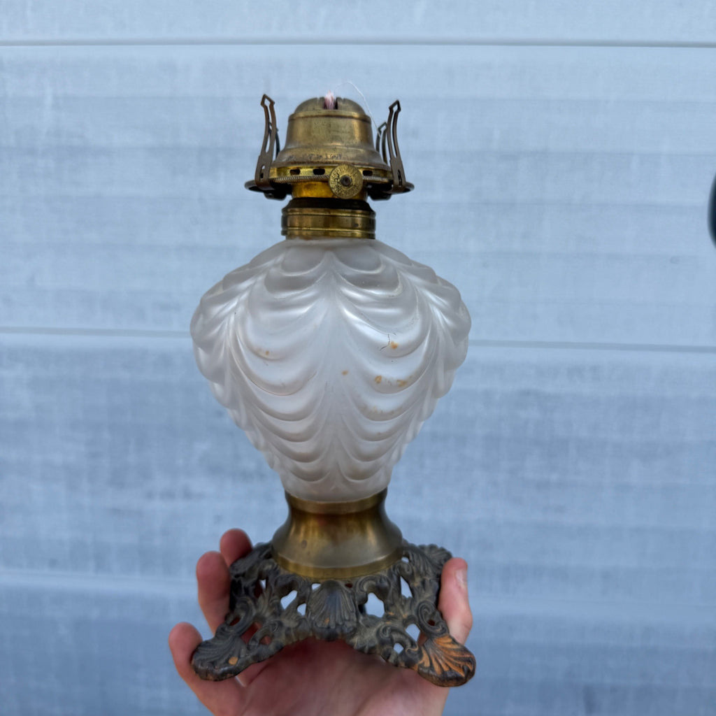 Antique EAPG Pittsburgh Lamp Brass & Glass Beaded Drape Frosted Glass Oil Lamp