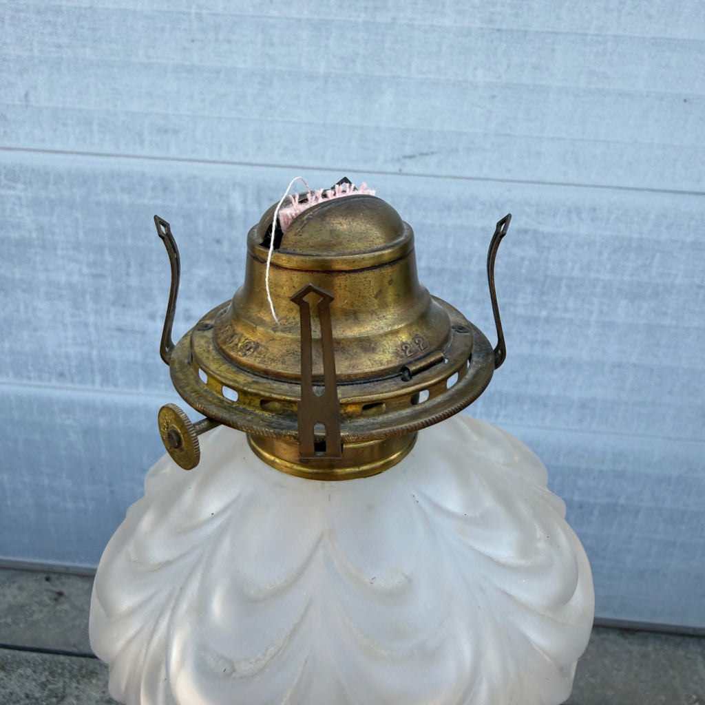 Antique EAPG Pittsburgh Lamp Brass & Glass Beaded Drape Frosted Glass Oil Lamp