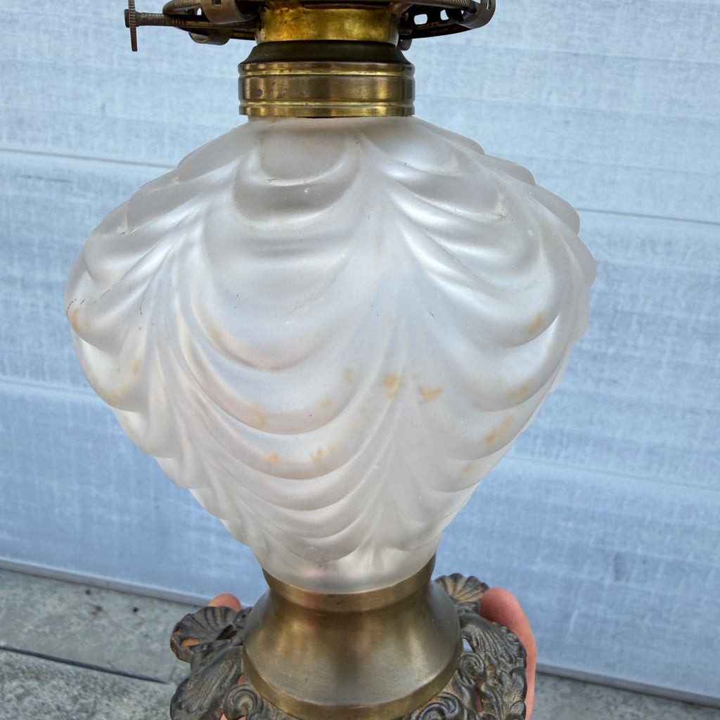 Antique EAPG Pittsburgh Lamp Brass & Glass Beaded Drape Frosted Glass Oil Lamp