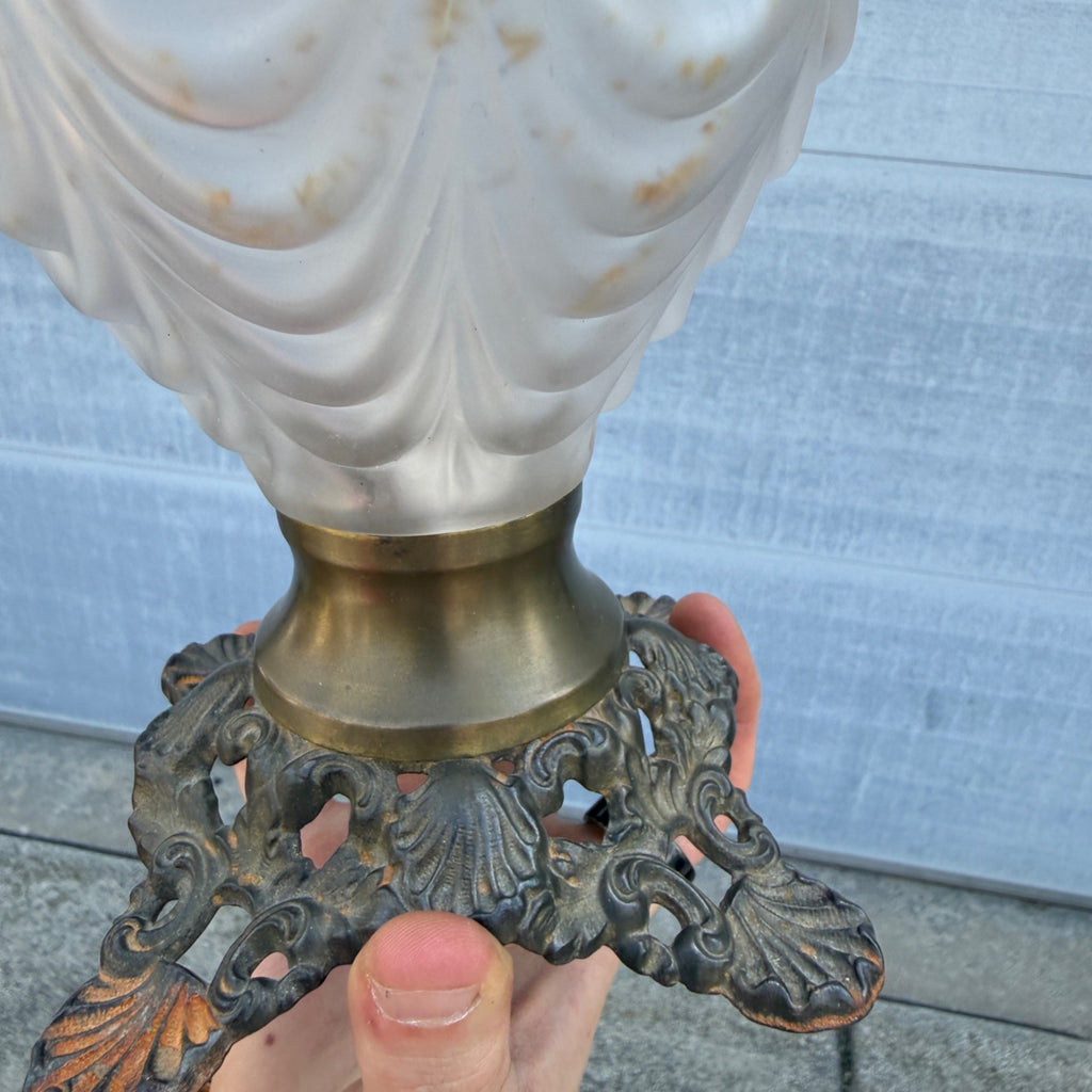 Antique EAPG Pittsburgh Lamp Brass & Glass Beaded Drape Frosted Glass Oil Lamp