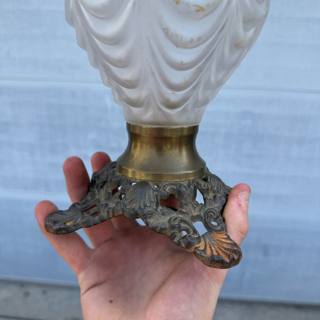 Antique EAPG Pittsburgh Lamp Brass & Glass Beaded Drape Frosted Glass Oil Lamp